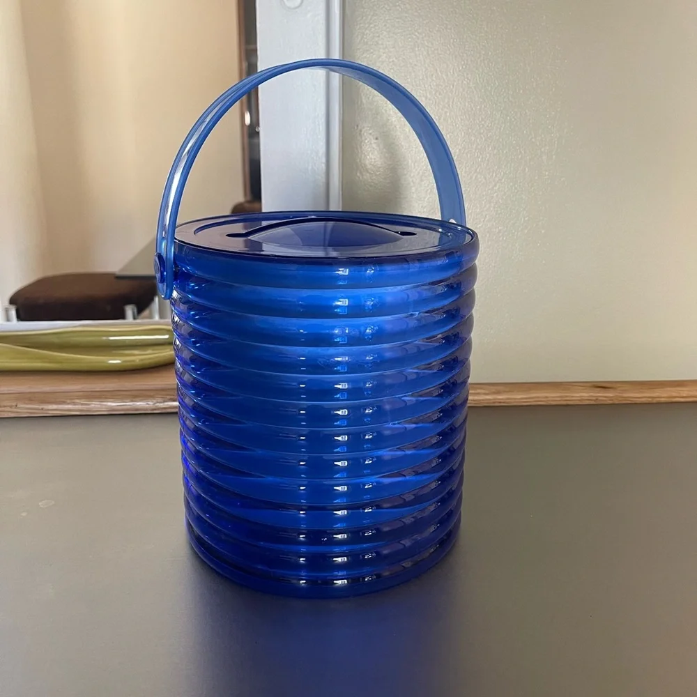 Vintage Acrylic Lucite Cobalt Blue Ribbed Ice Bucket with Lid